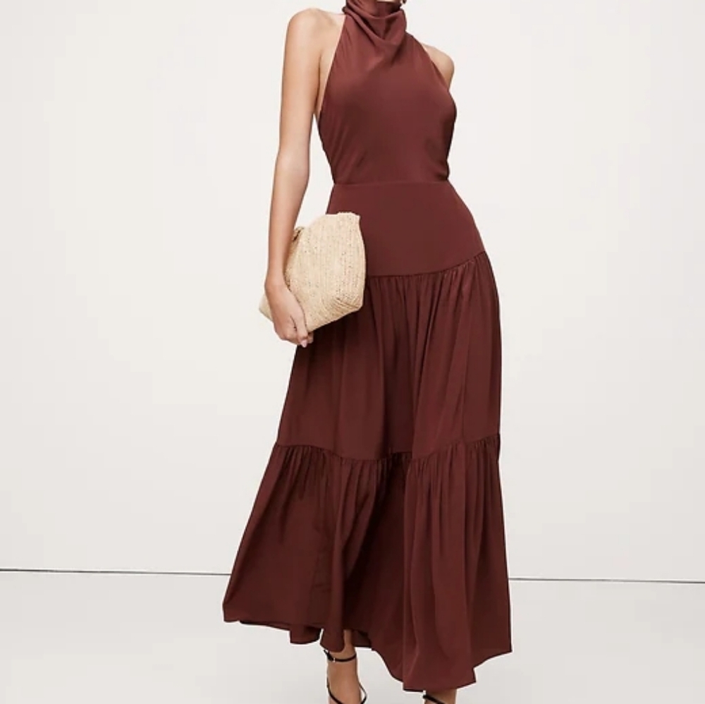 BNWT Banana Republic Matte Silk Maxi Halter Dress In Deep Brick Red  Size 20